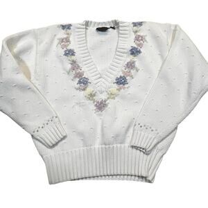 Vintage Lizsport Women M Floral Knit Sweater Cottagecore Pastel Grandpa Core